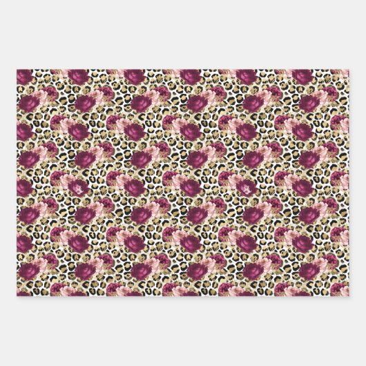 Girly Gold Pink Floral Leopard Print Inpakpapier Vel (Voorkant)