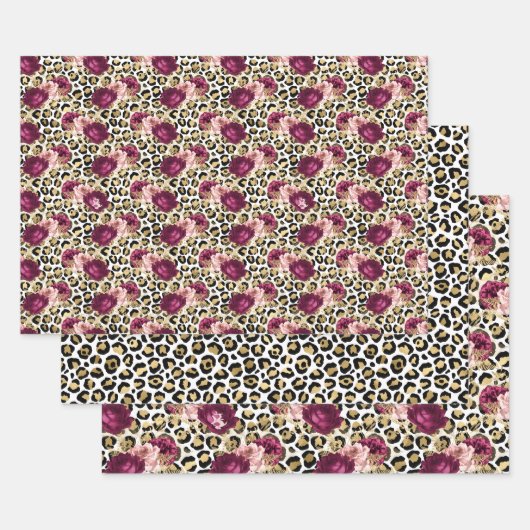 Girly Gold Pink Floral Leopard Print Inpakpapier Vel (Set)