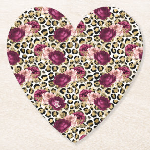 Girly Gold Pink Floral Leopard Print Kartonnen Onderzetters