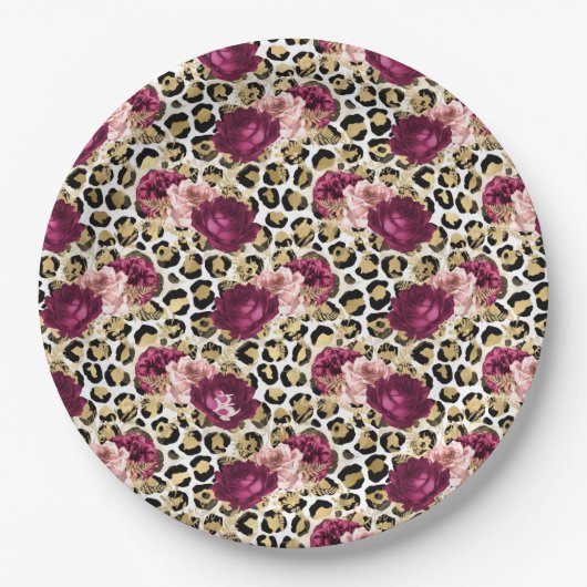 Girly Gold Pink Floral Leopard Print Papieren Bordje (Voorkant)