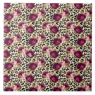 Girly Gold Pink Floral Leopard Print Tegeltje