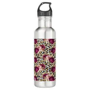 Girly Gold Pink Floral Leopard Print Waterfles