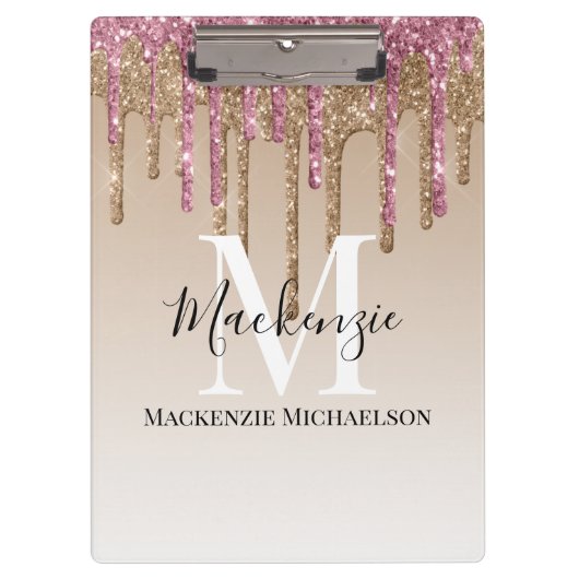 Girly Gold Pink Glitter Monogram Naam Klembord (Voorkant)
