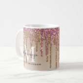 Girly Gold Pink Glitter Monogram Naam Koffiemok (Voorkant links)