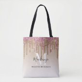 Girly Gold Pink Glitter Monogram Naam Tote Bag (Voorkant)