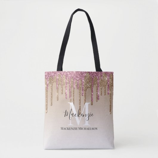 Girly Gold Pink Glitter Monogram Naam Tote Bag (Voorkant)