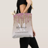 Girly Gold Pink Glitter Monogram Naam Tote Bag (Dichtbij)