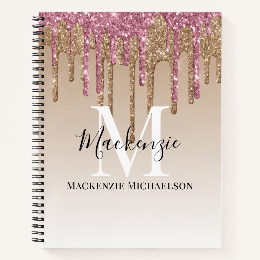 Girly Gold Pink Glitter Monogram Name Notitieboek (Voorkant)