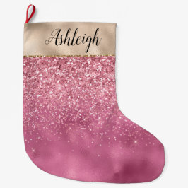 Girly Gold Pink Glitzy Glitter Sparkle Naam Grote Kerstsok