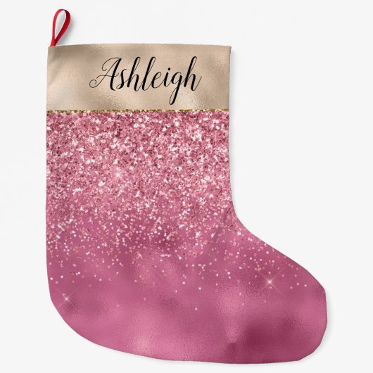 Girly Gold Pink Glitzy Glitter Sparkle Naam Grote Kerstsok (Voorkant)