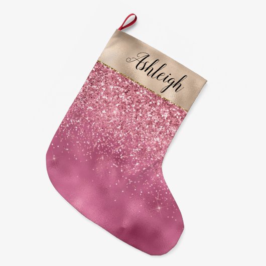 Girly Gold Pink Glitzy Glitter Sparkle Naam Grote Kerstsok (Voorkant (Hangend))