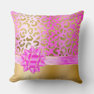 Girly Gold Pink Leopard & Fuchsia Gold Bow Ribbon Kussen