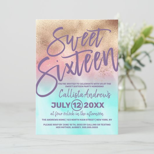 Girly Gold Roze Blauwgroen Waterverf Gradient Swee Kaart (Staand voorkant)