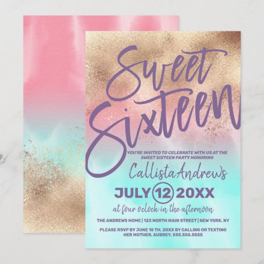 Girly Gold Roze Blauwgroen Waterverf Gradient Swee Kaart (Voorkant / Achterkant)