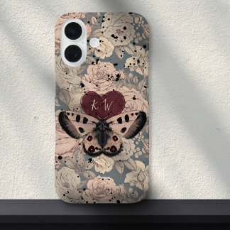 Girly Gothic Butterfly Moth Rozen Grunge Monogram iPhone 16 Hoesje