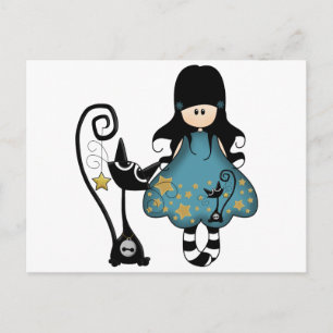 Girly Gothic Girl met zwarte kat Briefkaart