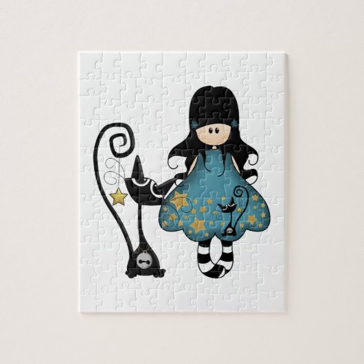 Girly Gothic Girl met zwarte kat Legpuzzel (Verticaal)