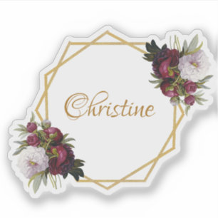 Girly Goud Bordeaux Pioenrozen Naam Bloem Geometri Sticker