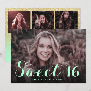 Girly goud glitter chic mint 4 foto zoet 16 kaart