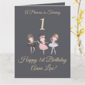 Girly Goud Grijs Ballerina Prinses 1e Verjaardag Kaart (Gele Bloem)