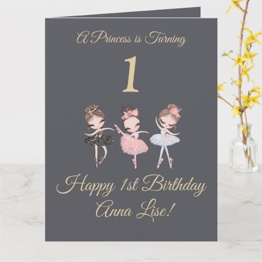Girly Goud Grijs Ballerina Prinses 1e Verjaardag Kaart (Gele Bloem)