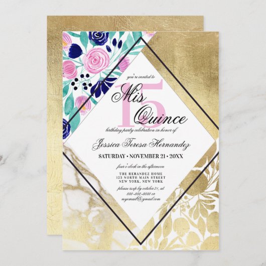 Girly Goud Marmeren Bloemen Waterverf Mis Quince Kaart (Voorkant / Achterkant)