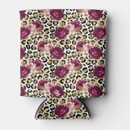 Girly Goud Roze Bloemen Luipaard Print Blikjeskoeler (Voorkant)