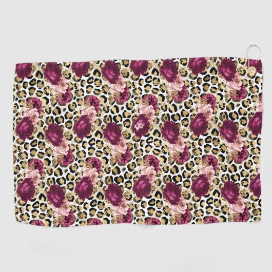 Girly Goud Roze Bloemen Luipaard Print Golfhanddoek (Horizontaal)