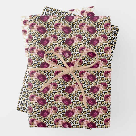 Girly Goud Roze Bloemen Luipaard Print Inpakpapier Vel (In situ)