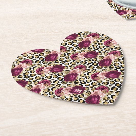 Girly Goud Roze Bloemen Luipaard Print Kartonnen Onderzetters (Gekanteld)