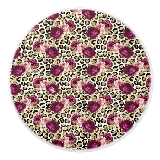 Girly Goud Roze Bloemen Luipaard Print Keramische Knop (Voorkant)