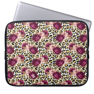 Girly Goud Roze Bloemen Luipaard Print Laptop Sleeve