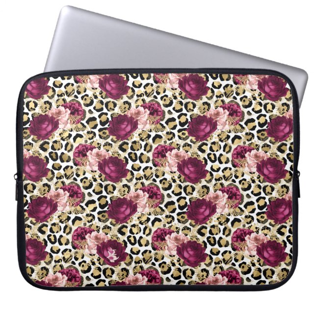 Girly Goud Roze Bloemen Luipaard Print Laptop Sleeve (Voorkant)