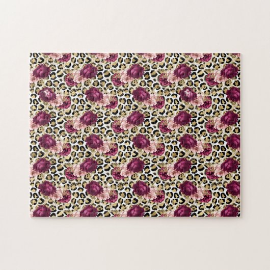 Girly Goud Roze Bloemen Luipaard Print Legpuzzel (Horizontaal)