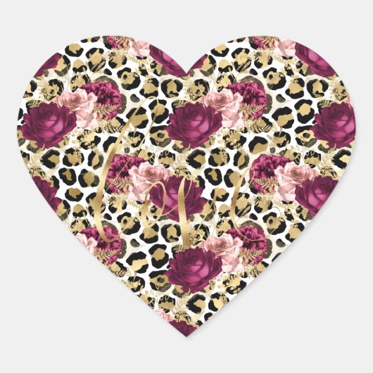 Girly Goud Roze Bloemen Luipaard Print Liefde Hart Sticker (Voorkant)