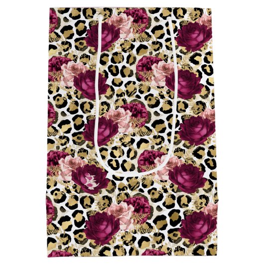 Girly Goud Roze Bloemen Luipaard Print Medium Cadeauzakje (Achterkant)