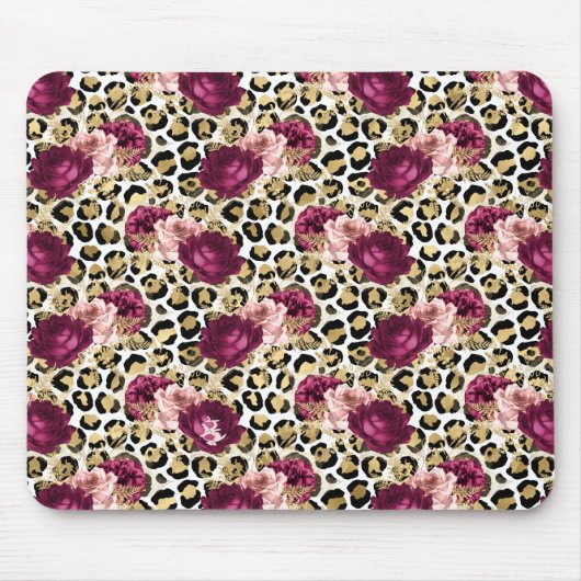 Girly Goud Roze Bloemen Luipaard Print Muismat (Voorkant)