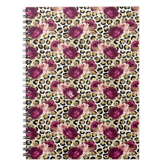 Girly Goud Roze Bloemen Luipaard Print Notitieboek (Voorkant)