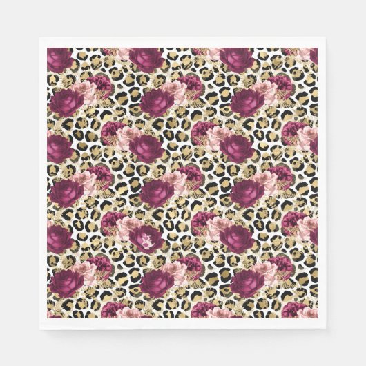 Girly Goud Roze Bloemen Luipaard Print Servet (Voorkant)