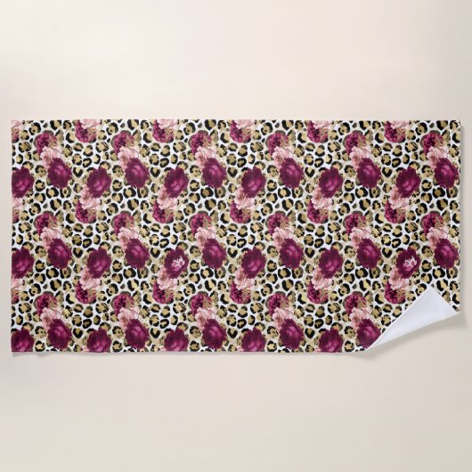 Girly Goud Roze Bloemen Luipaard Print Strandlaken (Voorkant)
