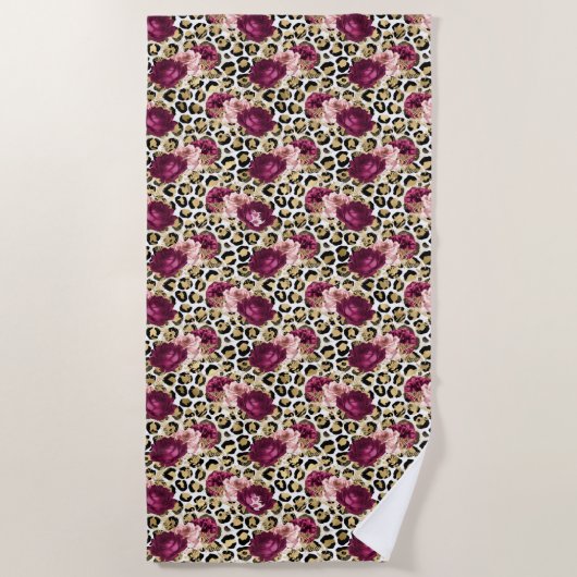 Girly Goud Roze Bloemen Luipaard Print Strandlaken (Voorkant)