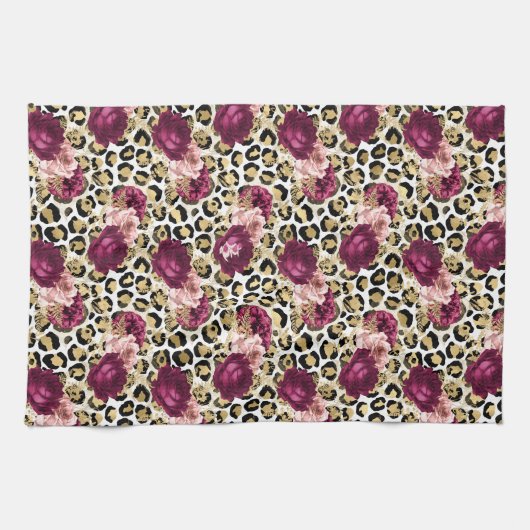 Girly Goud Roze Bloemen Luipaard Print Theedoek (Horizontaal)