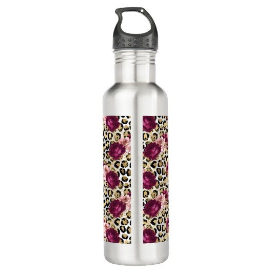 Girly Goud Roze Bloemen Luipaard Print Waterfles (Achterkant)