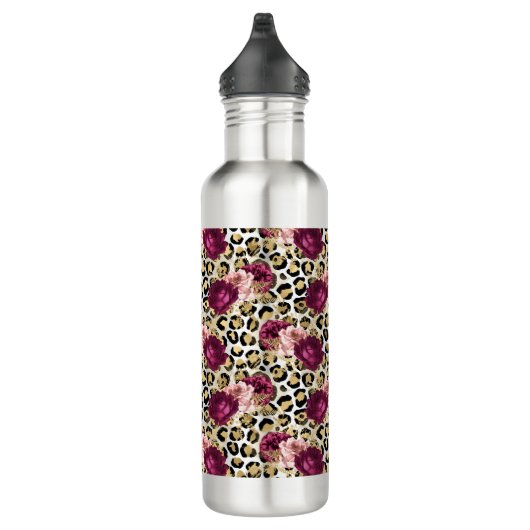 Girly Goud Roze Bloemen Luipaard Print Waterfles (Rechts)