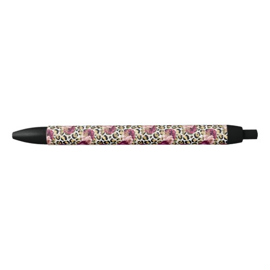 Girly Goud Roze Bloemen Luipaard Print Zwarte Inkt Pen (Voorkant)