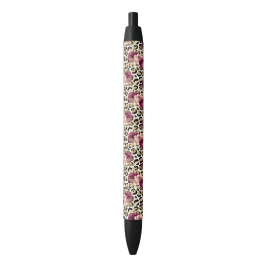 Girly Goud Roze Bloemen Luipaard Print Zwarte Inkt Pen (Voorkant Verticaal)