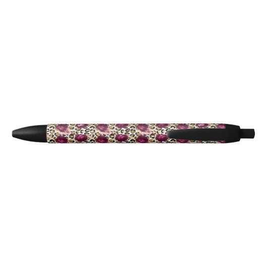 Girly Goud Roze Bloemen Luipaard Print Zwarte Inkt Pen (Achterkant)