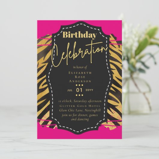 Girly Gouden Glitter Dierenprint Verjaardag ELKE L Kaart (Staand voorkant)