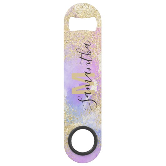 Girly gouden glitter paarse waterverf monogram speed flessenopener (Voorkant)