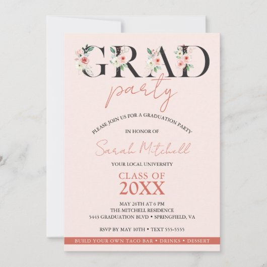 Girly Graduation Party Blush Roze Bloemen Kaart (Voorkant)